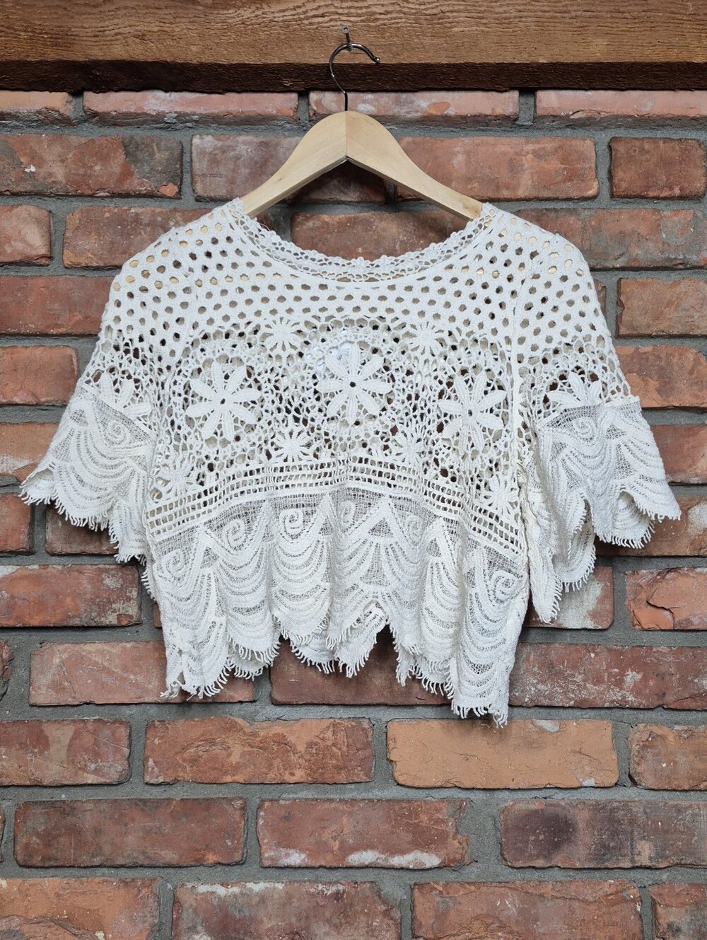 Rebellion Again 100% Cotton Ivory Crochet Lace Floral Boho Crop Top